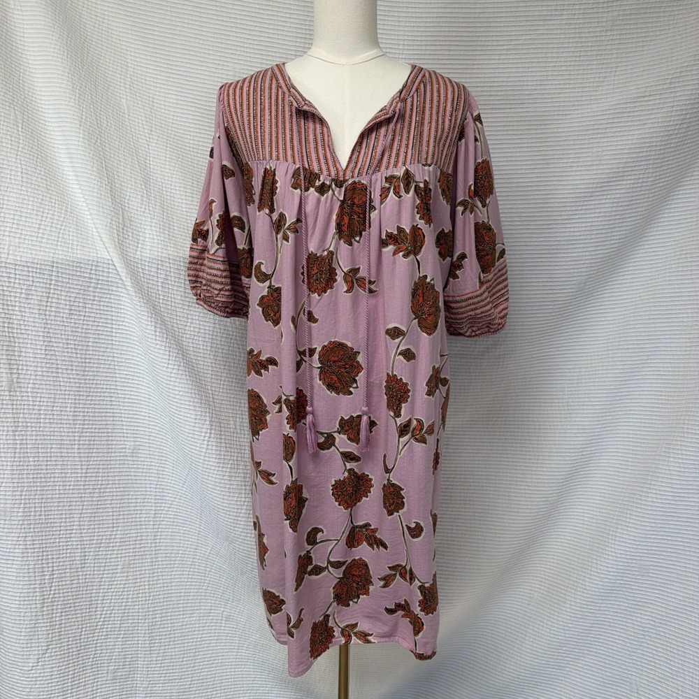 Knot Rose Floral Tunic Dress Cotton XXL Pink Orange Boho V-Neck 3/4 Sleeve